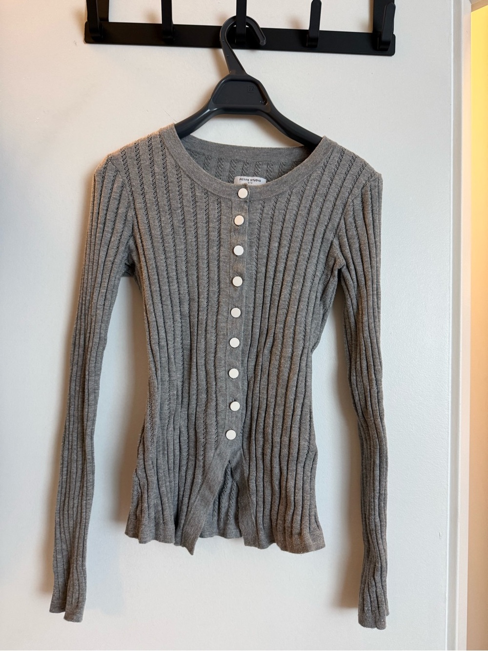 Petite Studio Gray Ribbed Button-Up Sweater Top